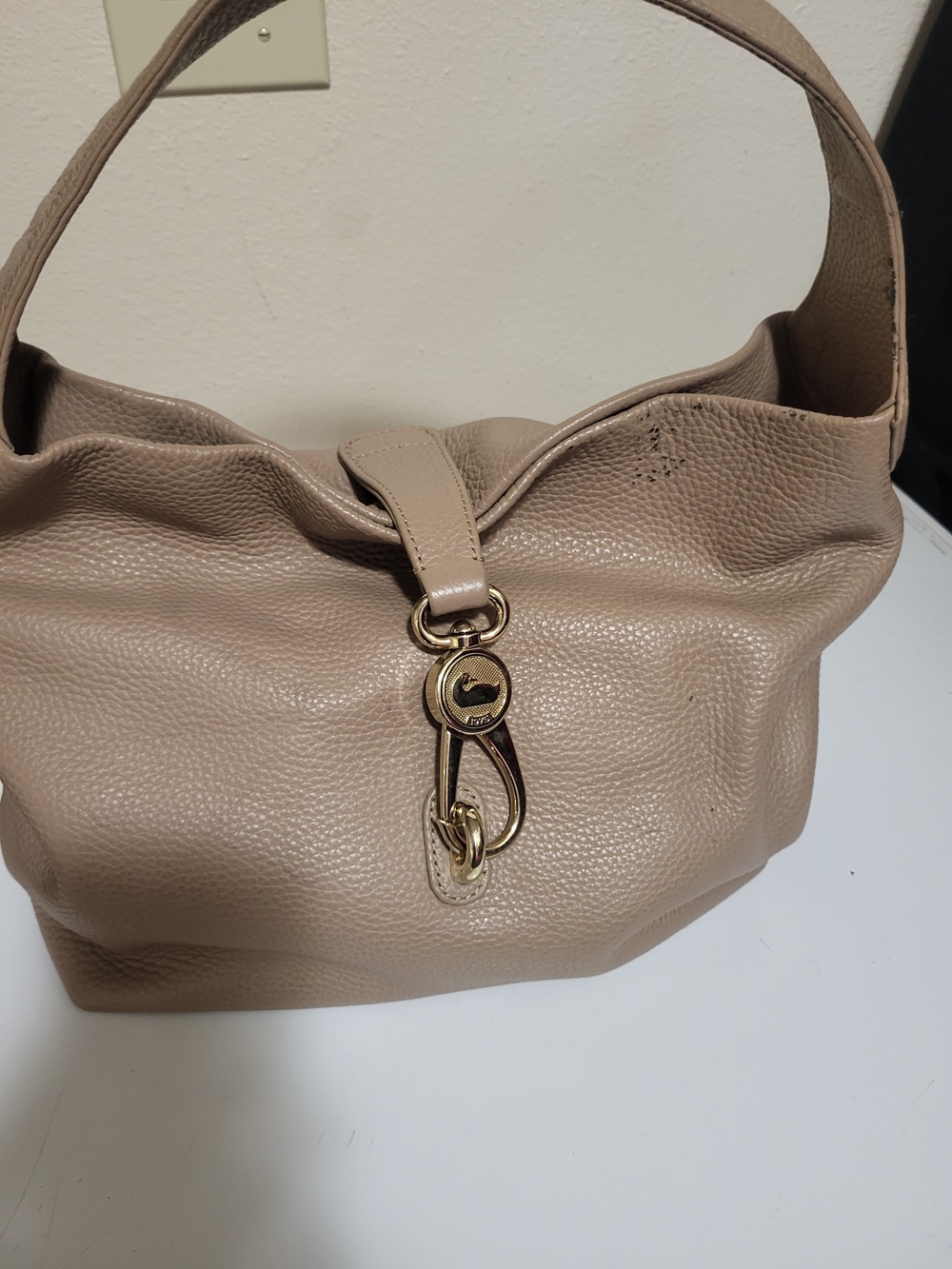 Dooney & Bourke Taupe Pebbled Leather Shoulder Bag with Gold Hardware